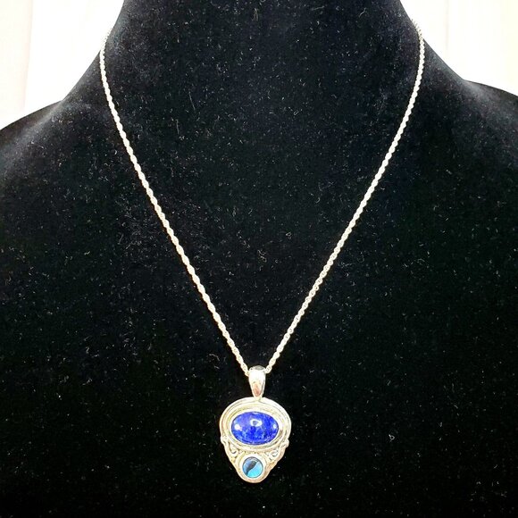 JC Sterling Silver 925 Blue Lapis Lazuli & Opal Pendant Necklace 18" Chain - Picture 14 of 16